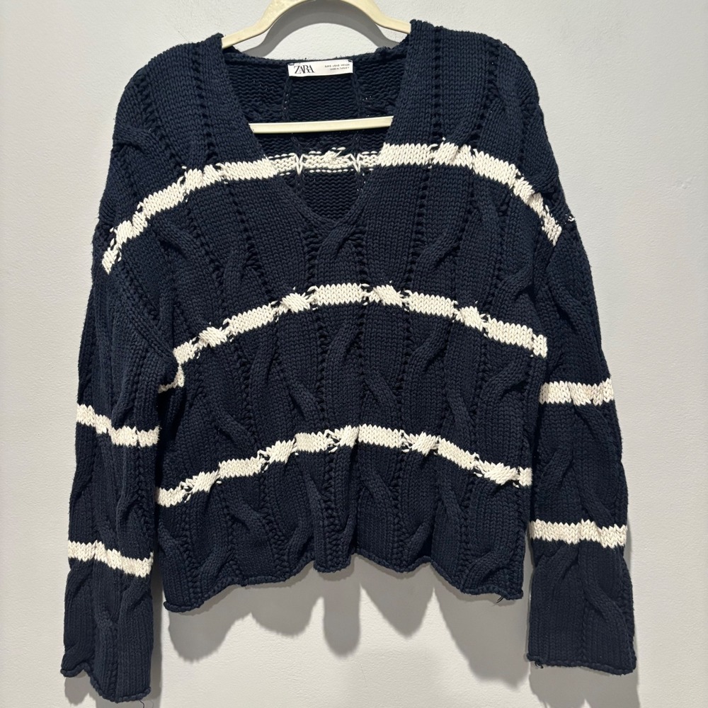 Zara Navy Blue White Striped Cable Knit V-Neck Sweater Small Chunky Nautical